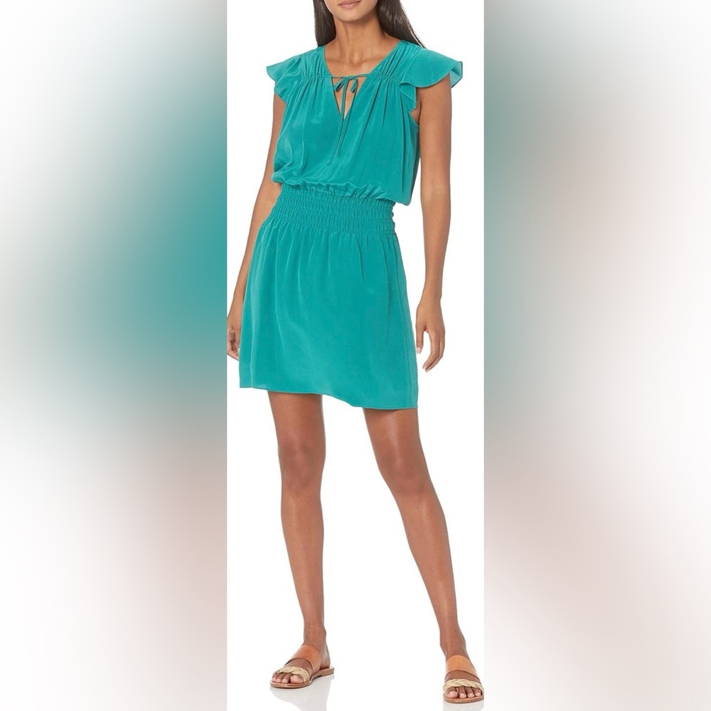 Parker Women's Green Ruffle Cap Sleeve Split V-Neck Mini Dress Size XS